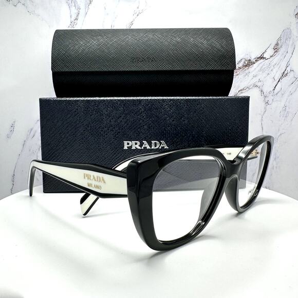 New PRADA Eyeglasses Cat Eye Black White Gold 53-17-140 Womens main image 8